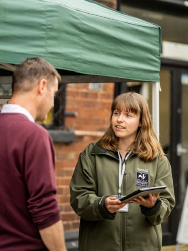 Female Wildlife Trust membership recruiter chats to member of the public outside a farm shop